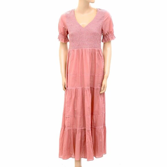 Odd Molly Anthropologie Smocked Rose Pink Maxi Dress Ruffle Lace Tiered S 254744